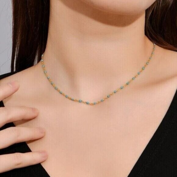 Blue Dainty Enamel Dot Necklace Waterproof layering necklace non-tarnish Gold - Picture 11 of 11